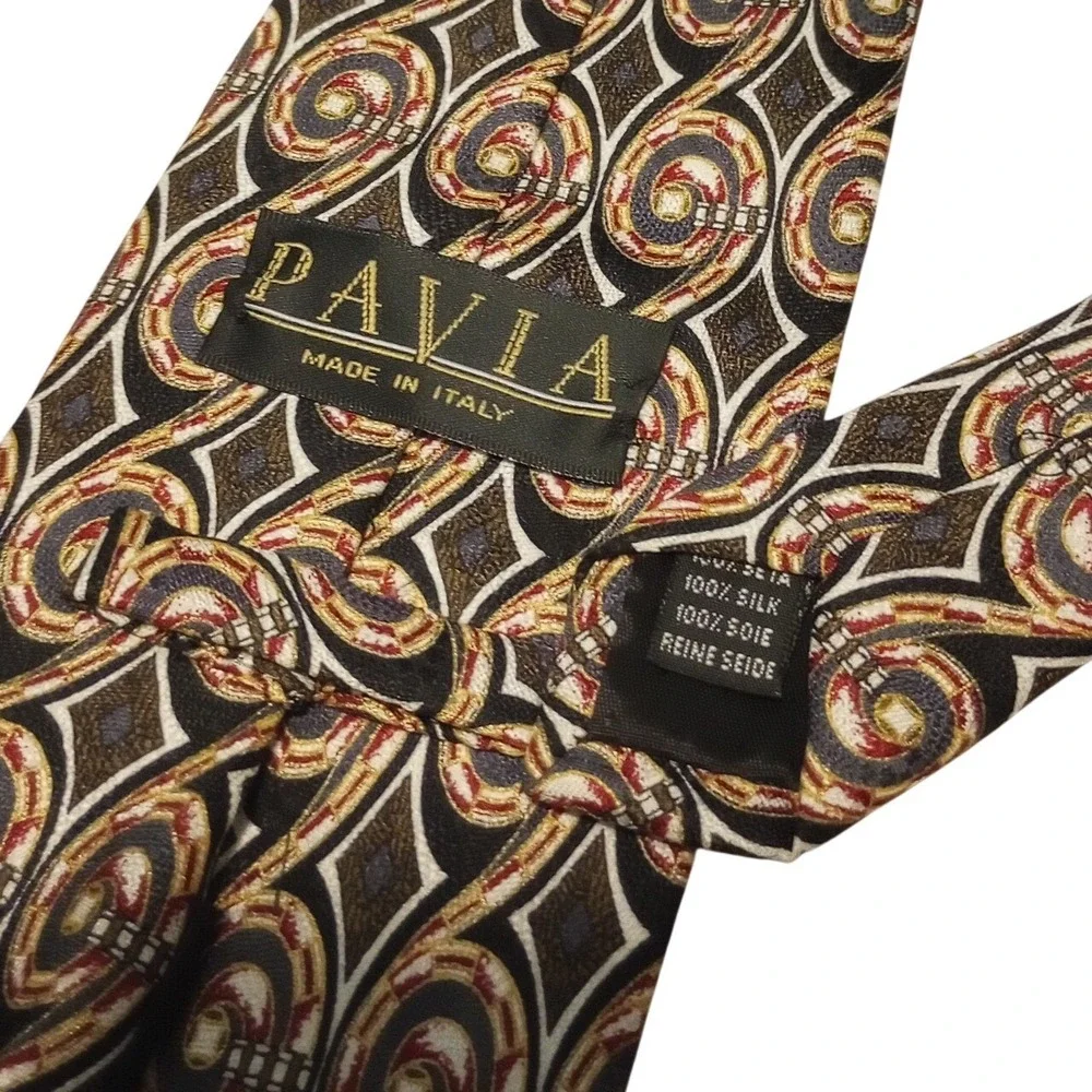 Pavia Mens Silk Tie Made in Italy Geometric‎ Swirl Diamond Gold Black Burgundy